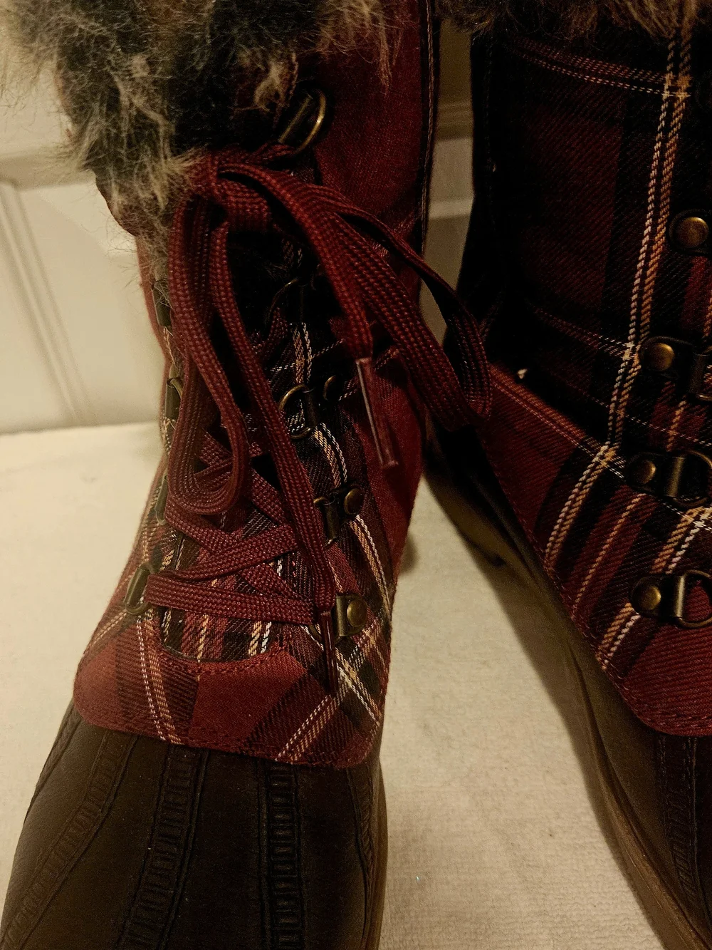 JustFab Burgundy & Brown Faux-Fur Trim Winter Lace-Up Boots